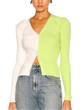 STAUD Colorblock Ribbed V-Neck Cardigan - Neon Green & White - XS
